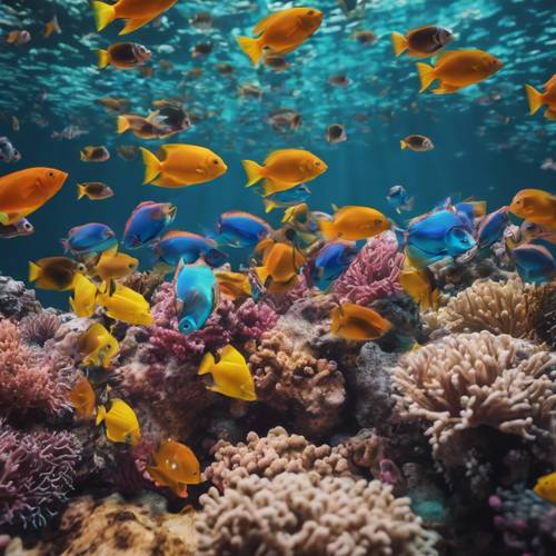 Kumpulan ikan tropis yang berenang di terumbu karang berwarna-warni.