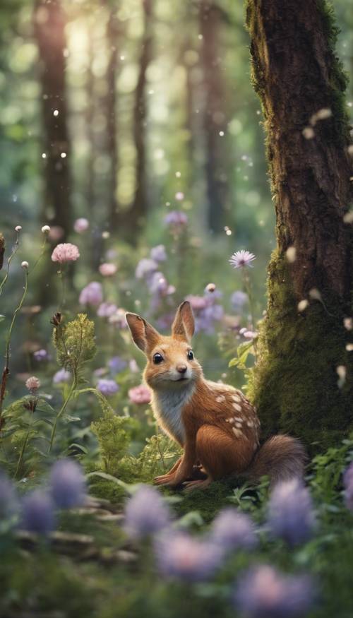 A vividly detailed, magical forest filled with enchanted, cute woodland creatures amidst blooming wildflowers.