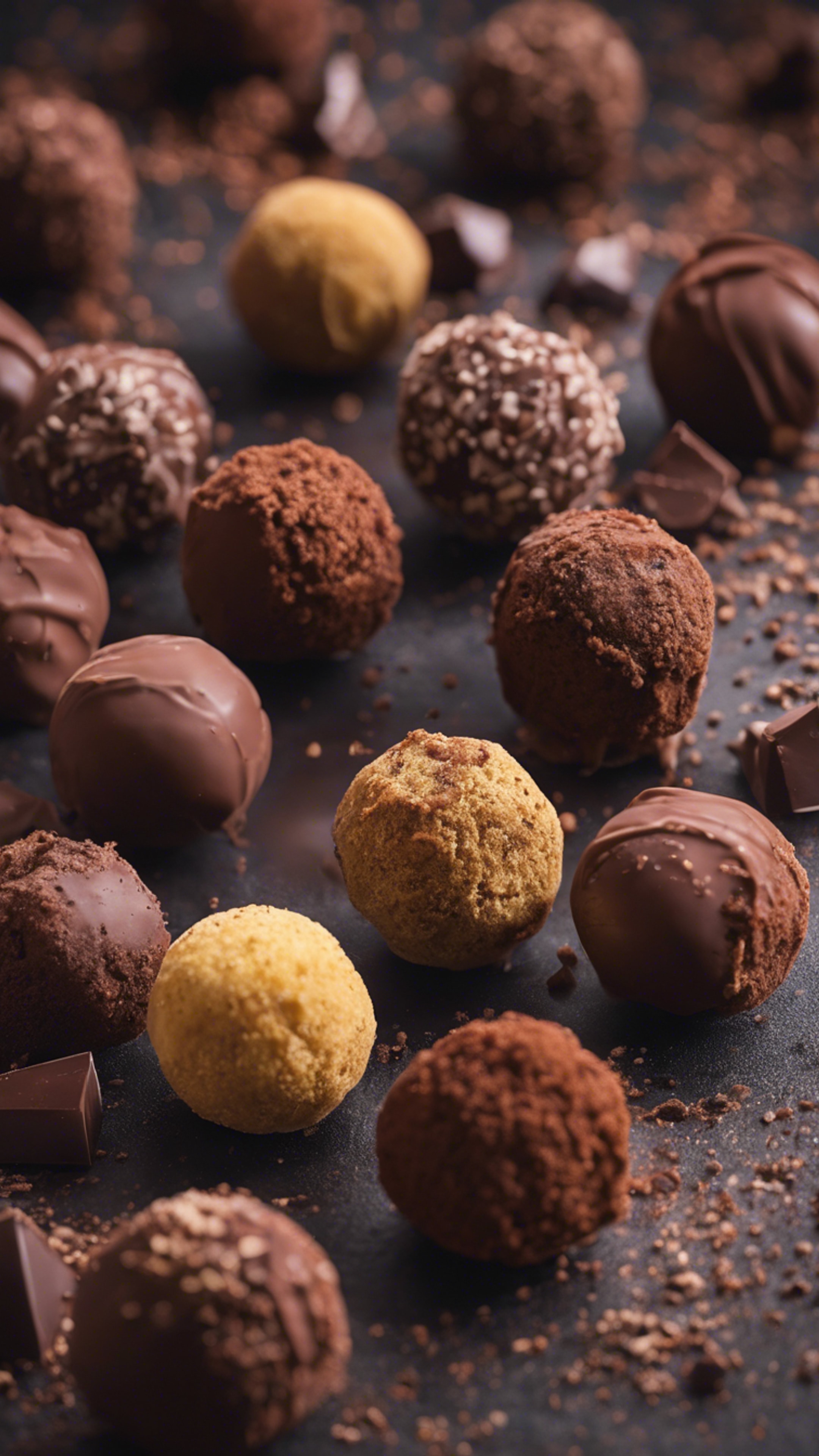 An assortment of delicious, delectable brown chocolate truffles Divar kağızı[070a36241272450fb9f4]