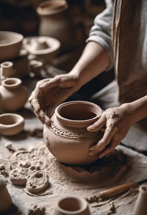 Um adolescente em uma aula de cerâmica, com as mãos cobertas de argila, criando um vaso intrincado.