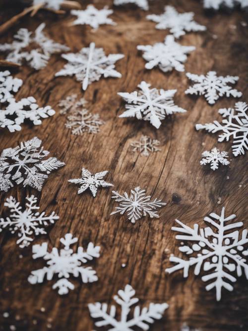 Schneeflocken bilden ein wunderschönes Muster auf einer Holztischplatte.
