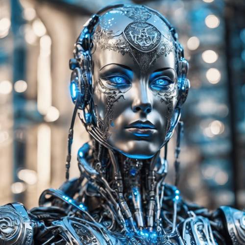 Karmaşık ayrıntılarla ve parlak mavi gözlerle donatılmış gümüş metalik insansı bir cyborg.