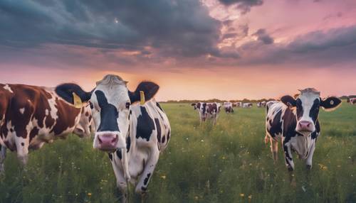 A surreal image of a field filled with multicolored-pastel spotted cows under the twilight sky. Tapet [b3c86d55d9214b388689]