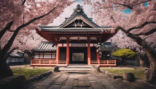 An ancient Japanese shrine surrounded by black cherry blossom trees