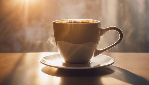 Une tasse à café beige ombré remplie de café chaud fumant, avec la lumière du soleil du petit matin brillant sur sa surface.