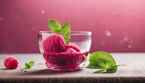 A scoop of raspberry sorbet garnished with fresh mint leaves.