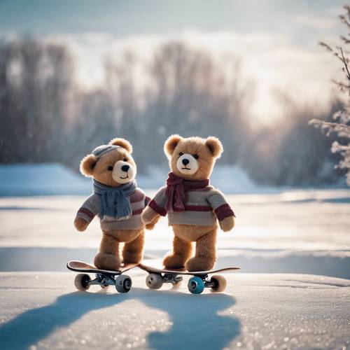 Teddy bears skating on a frozen pond, amidst a snowy winter landscape.