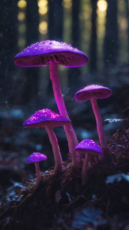 In a dark forest, neon purple mushrooms are uniquely glowing, giving off a magical aura.