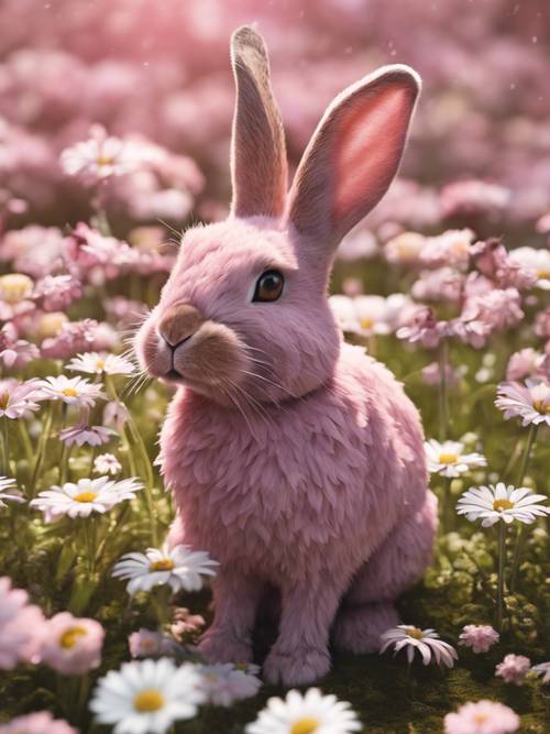 봄에 데이지 꽃밭으로 둘러싸인 분홍색 토끼의 상세한 그림입니다.