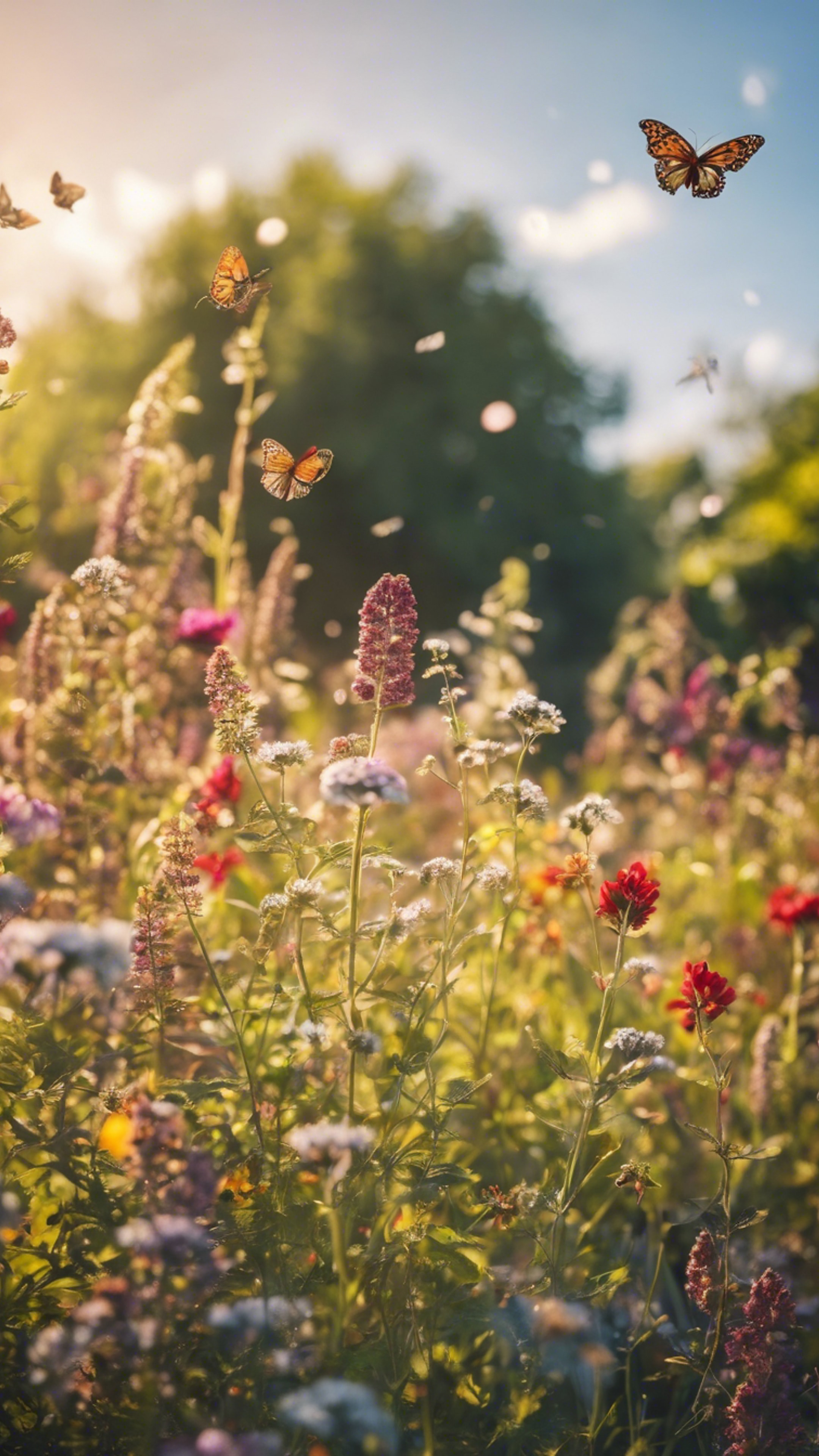 A colorful scene of a French country garden bursting with wildflowers and butterflies under a warm afternoon sun. Wallpaper[d1166188c03b4b319ebf]
