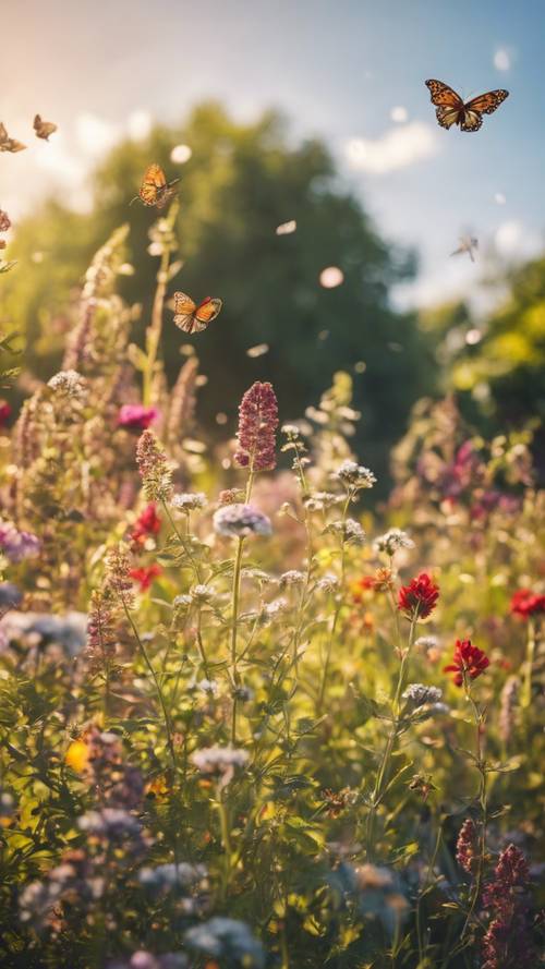 Una colorida escena de un jardín rural francés repleto de flores silvestres y mariposas bajo el cálido sol de la tarde.