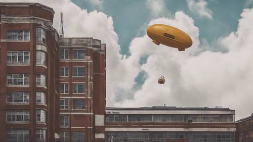 A school building souring high in the clouds with blimps instead of school buses.