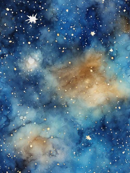 Yıldızların geceyi beneklediği, göz kamaştırıcı safir mavisi sulu boya galaksisi.