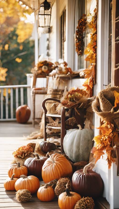 A sunlit autumn porch adorned with harvest-themed decorations, inviting guests for a Thanksgiving gathering. Tapeta [4cdbad48bdf34931ad57]