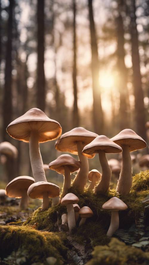A forest of giant mushrooms under a sunset sky, humming with a soft melody. Tapet [3c129f7d529f4637b583]