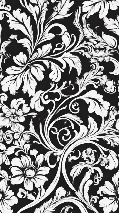 Płynny wzór przedstawiający misterne czarne kwiatowe wzory na nieskazitelnym białym tle.