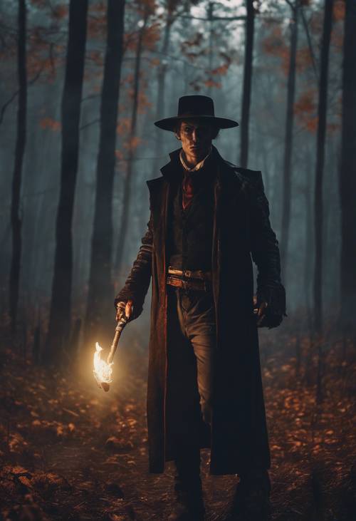 一名吸血鬼猎人，手拿火把，腰带上插着木桩，在夜幕降临时进入一片阴暗的、吸血鬼出没的森林。