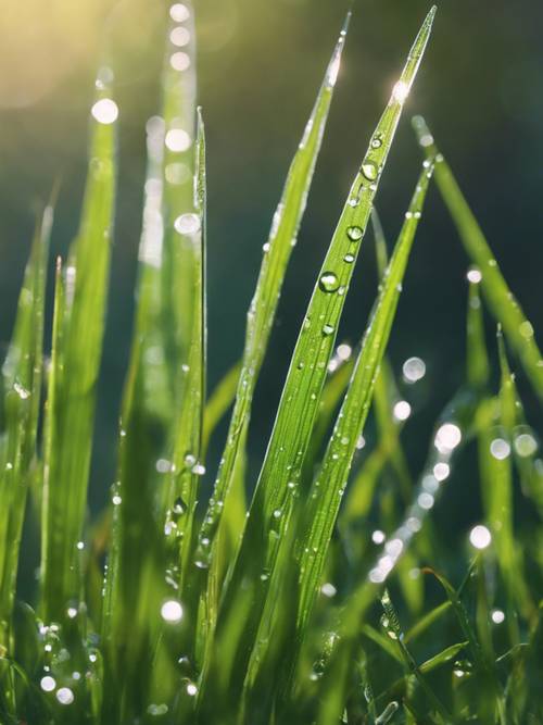 特寫鏡頭看到沾滿露珠的綠草葉片反射著涼爽的早晨陽光。