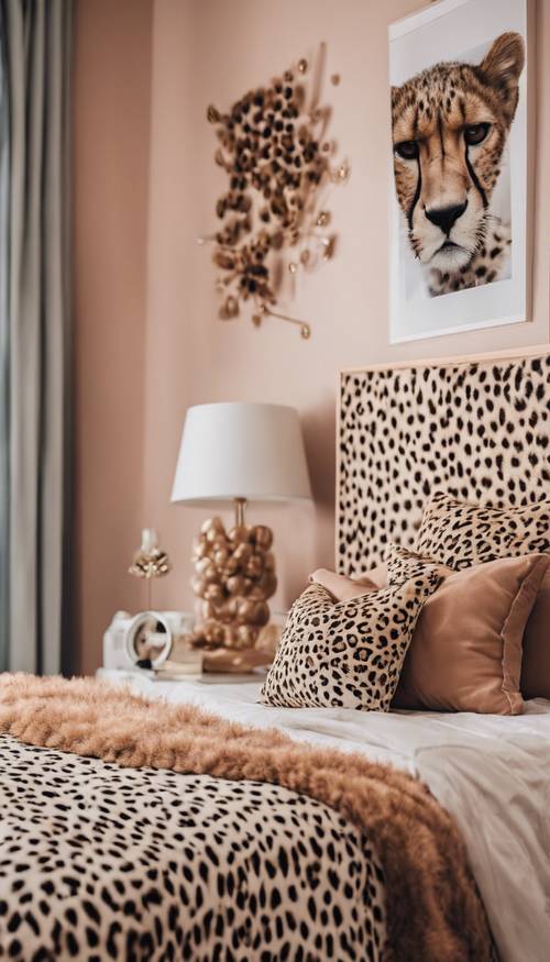 Ein mit süßen Accessoires im Leopardenmuster dekoriertes Zimmer im Mädchenschlafzimmer. Hintergrund [9dc2c2ea5bcb4dbfa842]