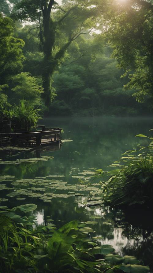A calm, black lagoon nestled in a lush, green forest at dawn.