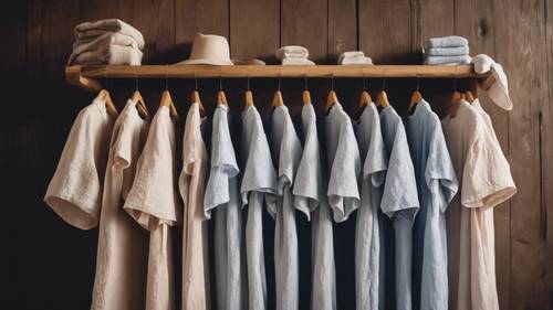 An array of cozy linen nightgowns neatly arranged on a wooden rack.