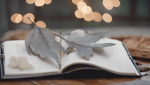 A gray leaf adorning the pages of a personal journal. Тапет [4ac998076dbf4848930b]