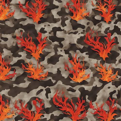 Um padrão uniforme que combina elementos de camuflagem tradicionais com motivos de chamas vermelhas e laranja.