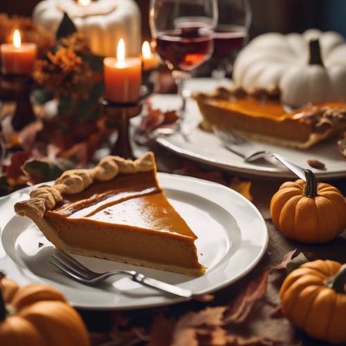 A large pumpkin pie served at a cozy, autumn-themed Thanksgiving dinner.