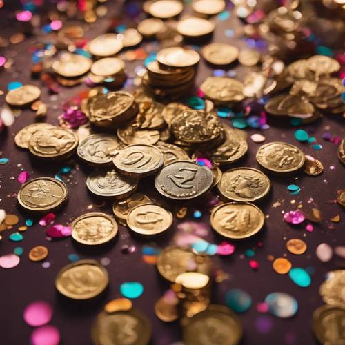 A festive scene with glittering coins as confetti.
