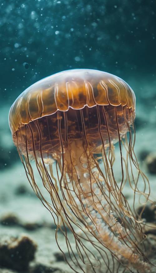 Un primer plano de una vibrante medusa de caja, flotando suavemente en el cálido mar tropical.