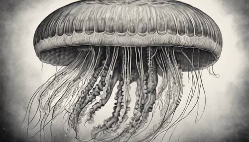 Illustration vintage en noir et blanc d&#39;une méduse aux détails extraordinaires, un exemple exquis de vie marine dessinée à la main tirée d&#39;un livre de biologie du XIXe siècle.