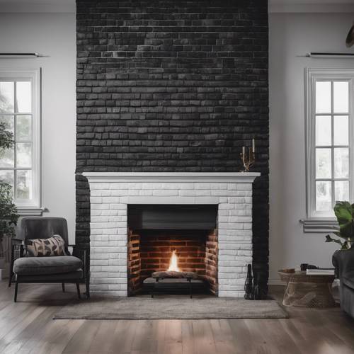 A black brick fireplace in a comforting white-walled room Tapeta [f63e59e65c30464e9a4b]