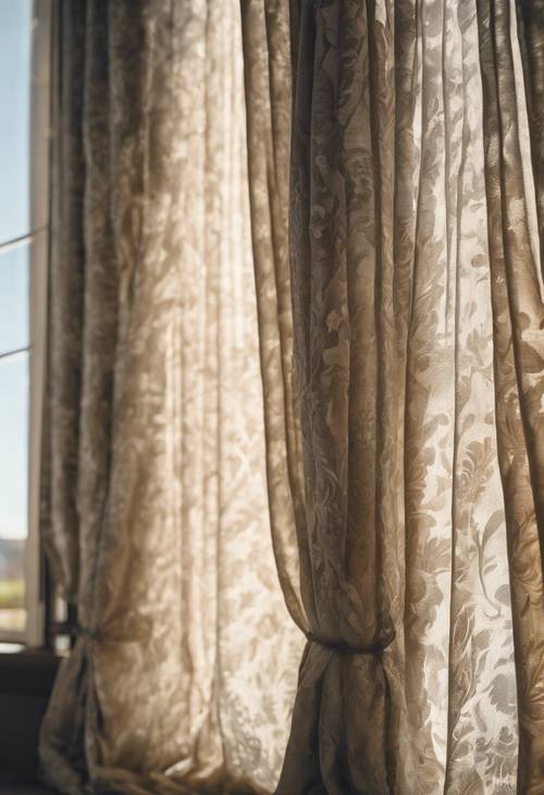 海军蓝锦缎窗帘在风中飘扬，明亮的阳光透过窗帘照进来。