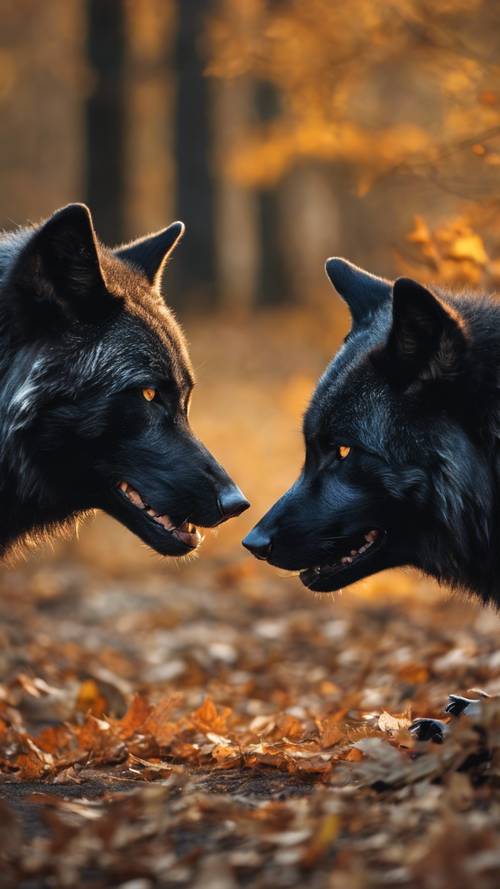 Un par de lobos negros compartiendo un momento de cariño en una fresca tarde de otoño.
