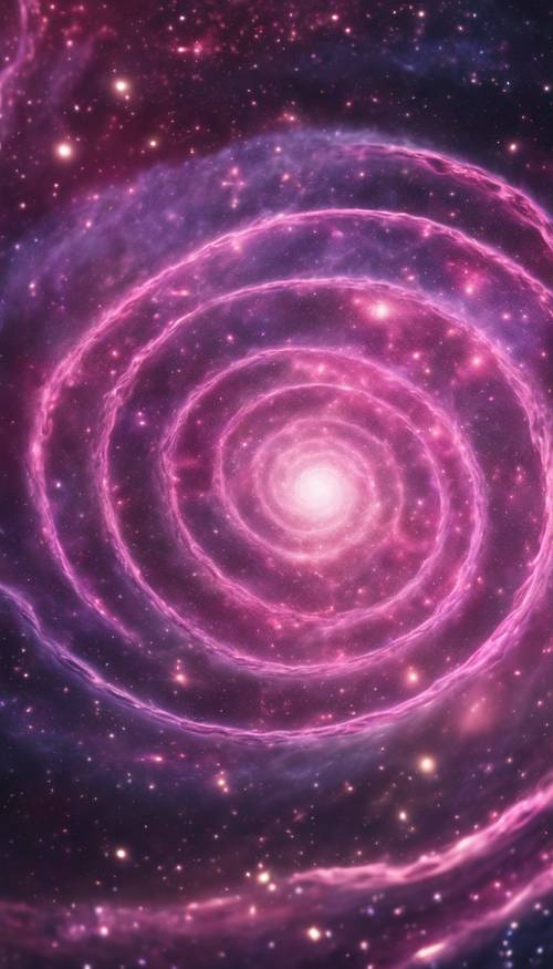 Pusaran nebula merah muda dan ungu yang menghipnotis berputar dengan latar belakang ruang tak terbatas.
