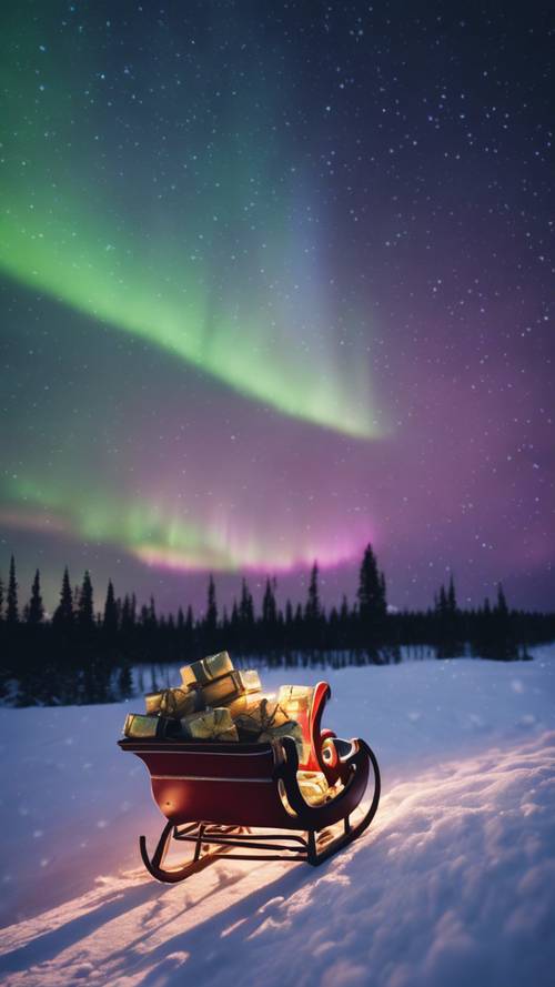 A sleigh filled with presents, leaving marks on the untouched powdery snow under the Northern lights.
