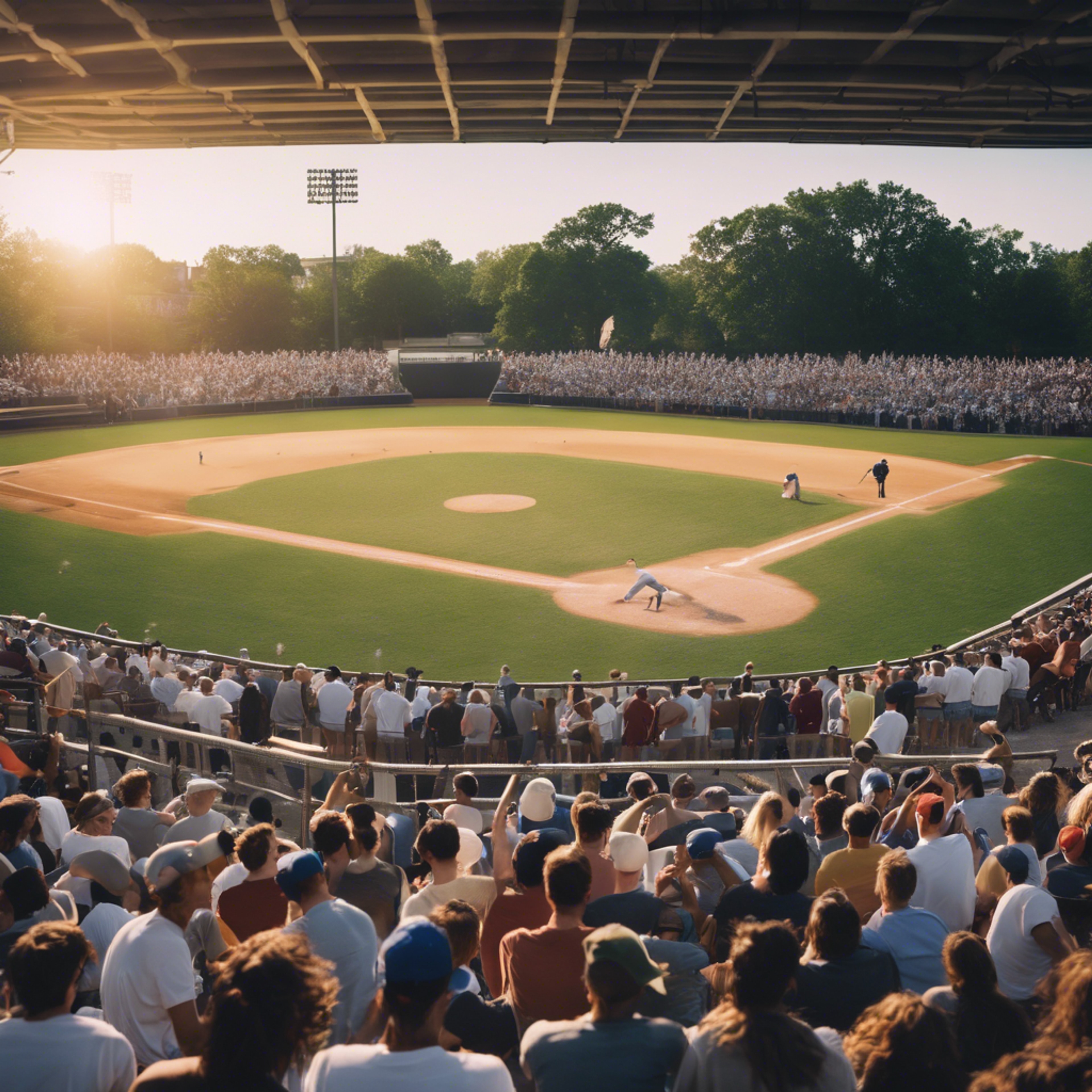 A college baseball field packed with excited students during a heated match. Wallpaper[777cc8ce6a444f42baa3]
