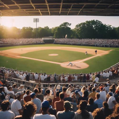 Un campo de béisbol universitario lleno de estudiantes emocionados durante un partido acalorado.