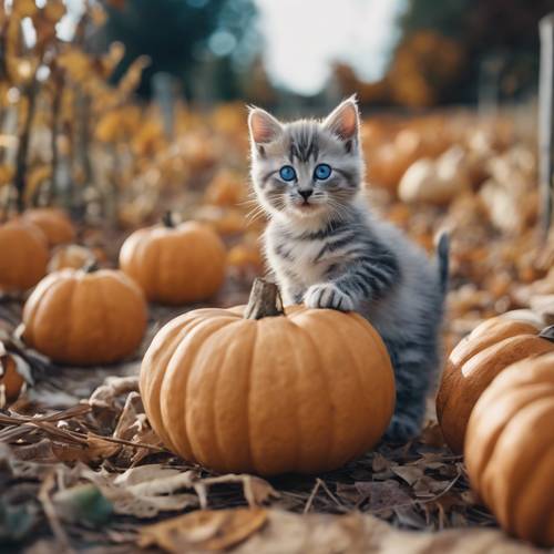 Un petit chaton Cheetoh aux yeux bleus explorant un champ de citrouilles par une journée d&#39;automne fraîche et accueillante.