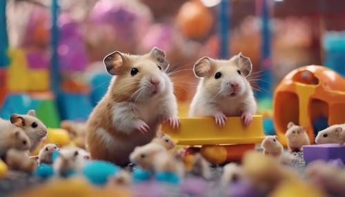 A busy scene filled with hamsters of different shapes and colors, frolicking in a large hamster playground full of toys.