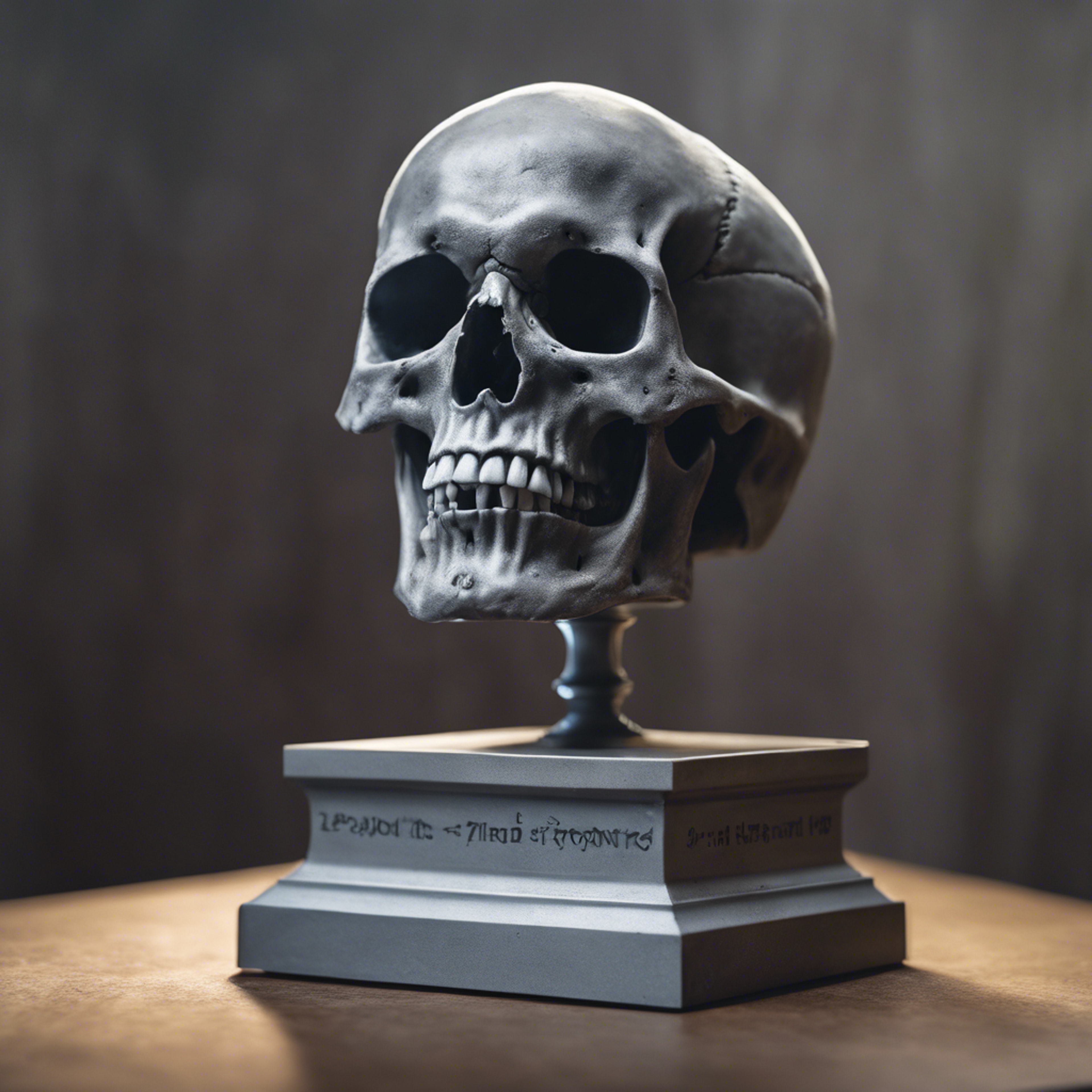 A spot-lit gray skull on a pedestal, starring in a classic horror movie scene. Tapeta[96b08be545414606ae5a]