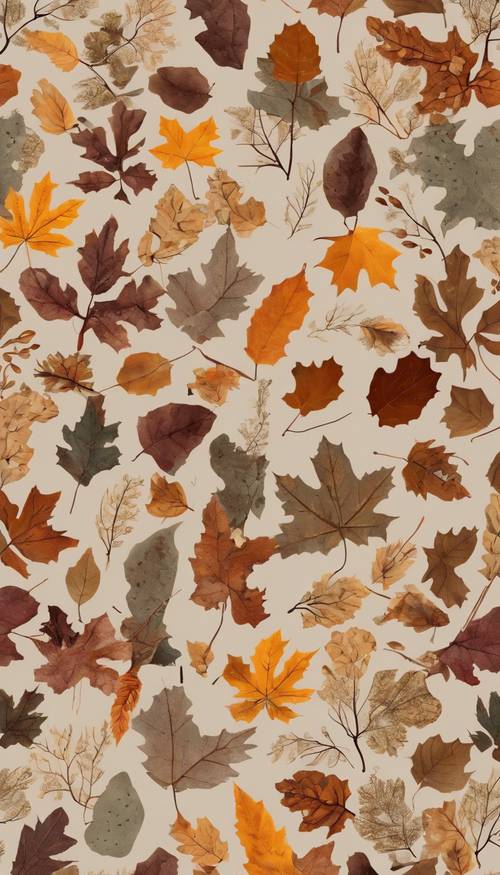 A seamless pattern resembling autumn woods camo with leaves, branches and other elements of the forest.