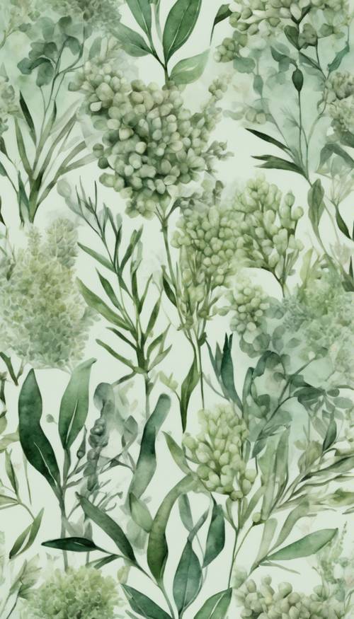 Provence tarlalarından ilham alan botanik adaçayı yeşili tonlarında kusursuz bir suluboya deseni.