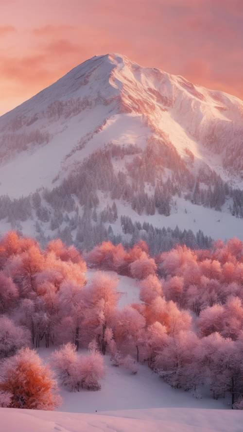 A majestic snow-covered mountain during sunset, illuminated in soft pink and orange hues.