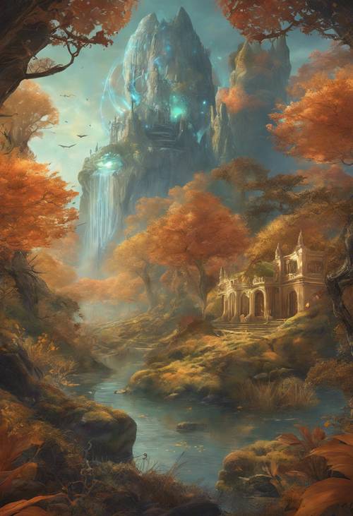 An autumnal landscape with magical creatures and plants, where will-o'-the-wisps guide the way.