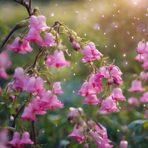 Ein verzauberter Garten mit rosa Glockenblumen, die eine harmonische Melodie mit dem Wind spielen