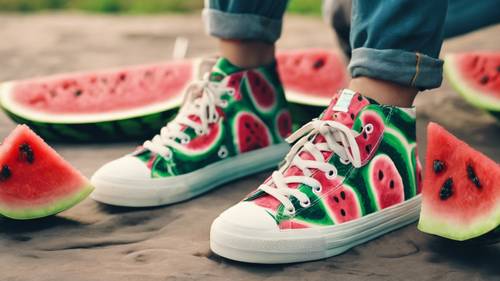 Um adolescente usando um par de tênis legais com estampa de melancia.