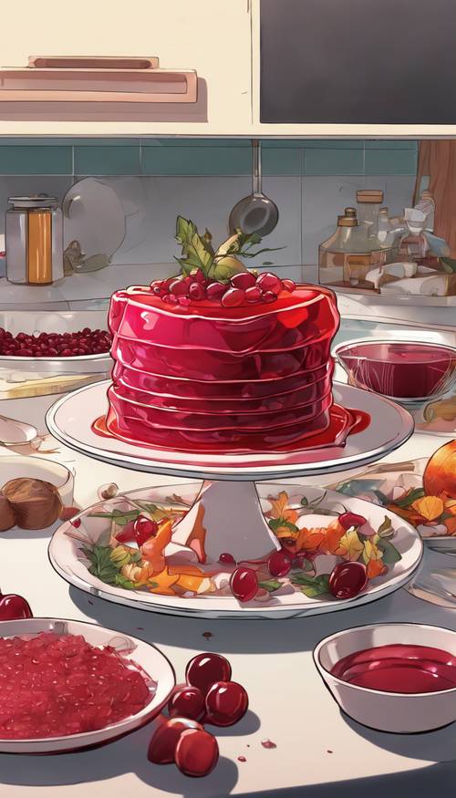 A slice of cranberry sauce jelly wobbling on a plate in an anime-stylized kitchen for Thanksgiving dinner. Tapeta [5bc9e18211214c1586ae]