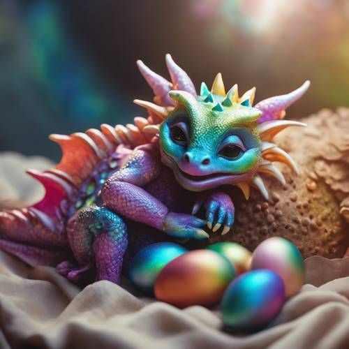 Um bebê dragão em tons de arco-íris dormindo pacificamente nos braços de sua mãe com uma imagem de ovo para incubação ao fundo.