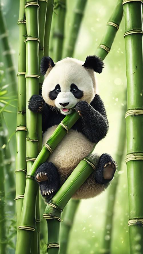 A playful and cute panda climbing a bright green bamboo tree in broad daylight.